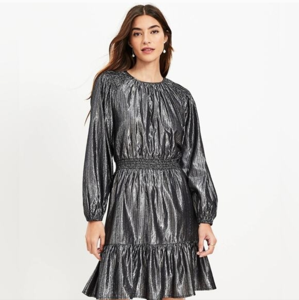NWT LOFT Shimmer Smocked Flounce Flare Dress Large